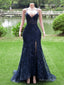 Navy Blue Mermaid Long Prom Dress With Leg Slit, Navy Blue Party Dress