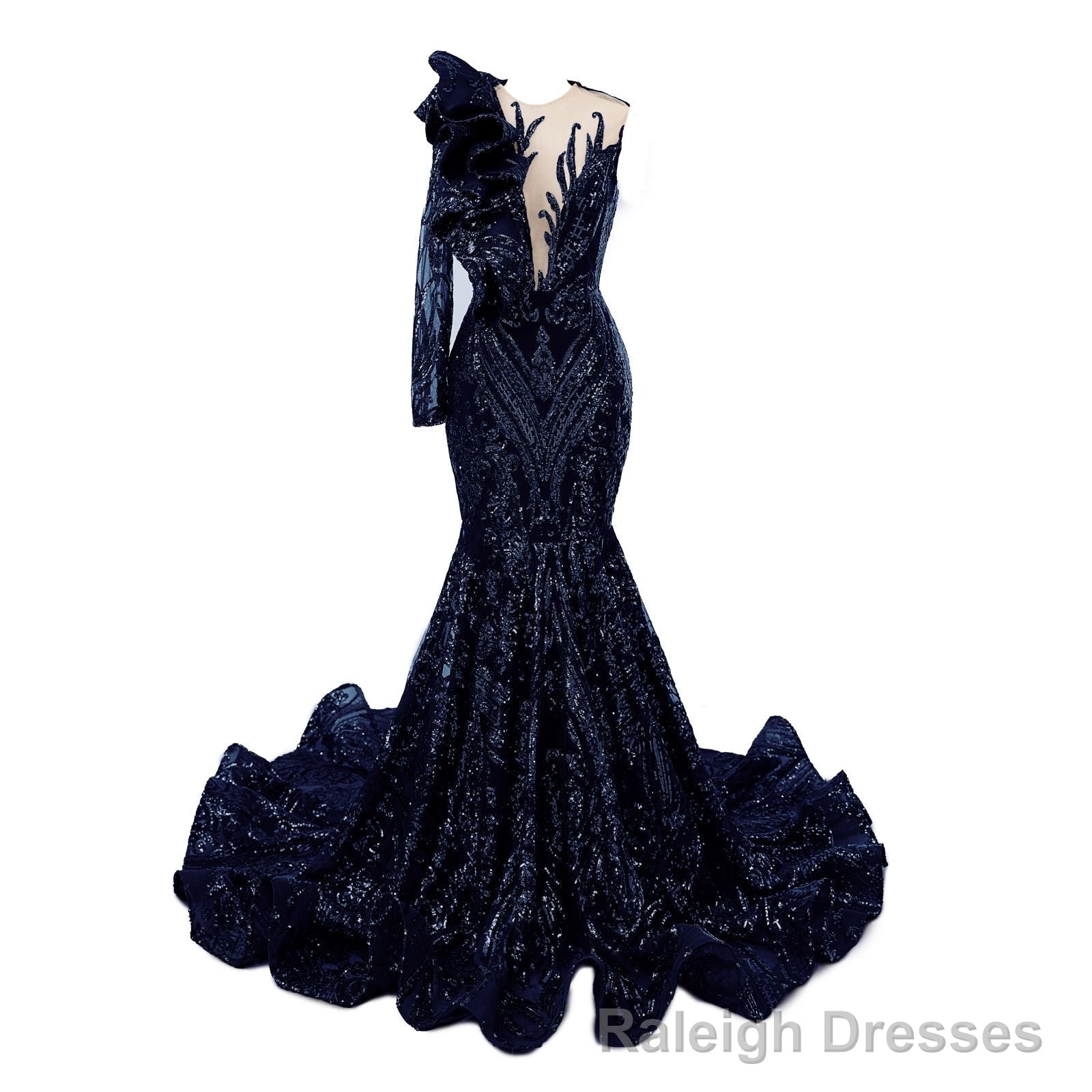 Navy Blue Mermaid One Sleeve Prom Dresses Sequined Lace Jewel Ruffles Prom Prom Dress with Appliques Main image