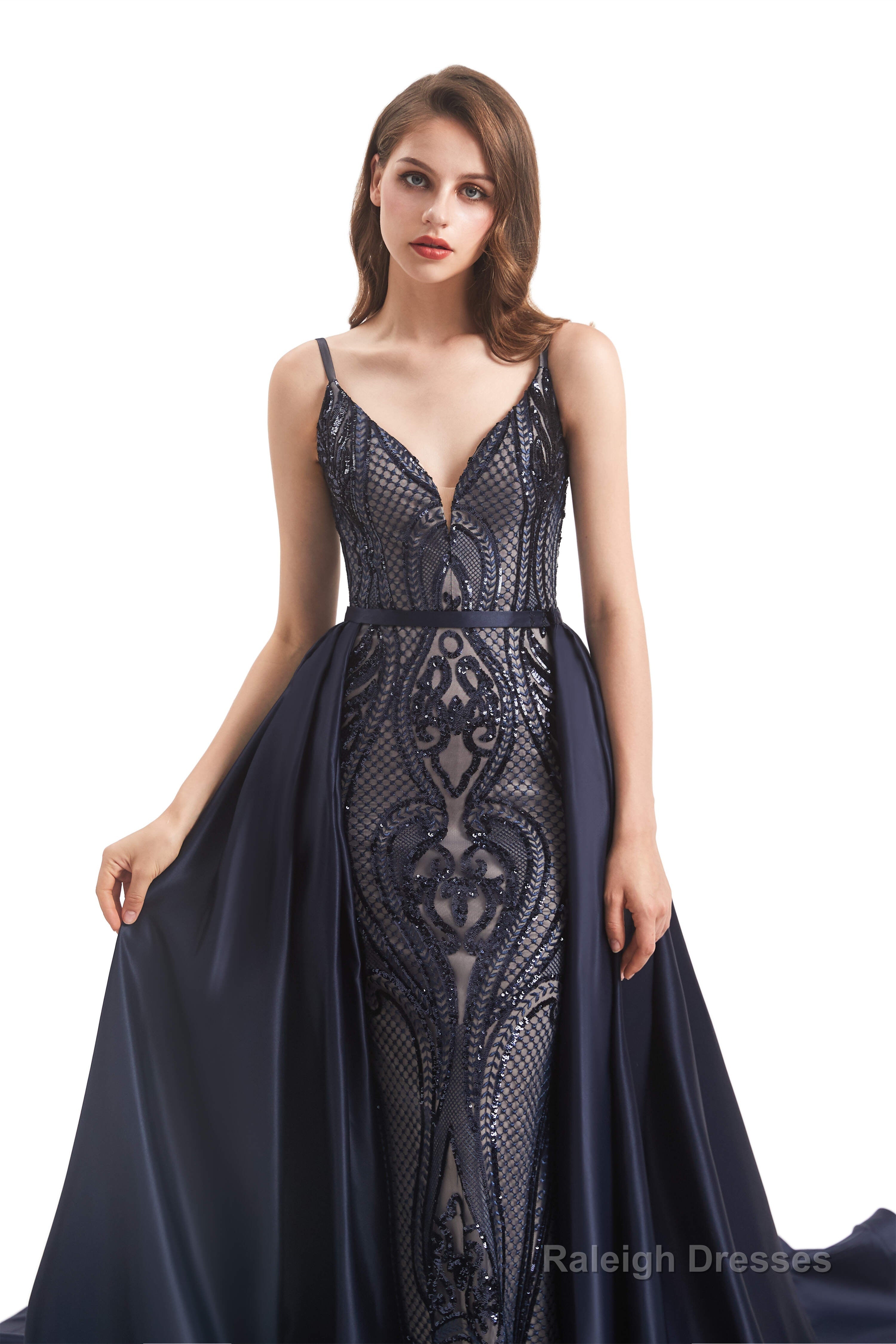 Mermaid Sequins Spaghetti Straps Prom Dresses With Detachable Train