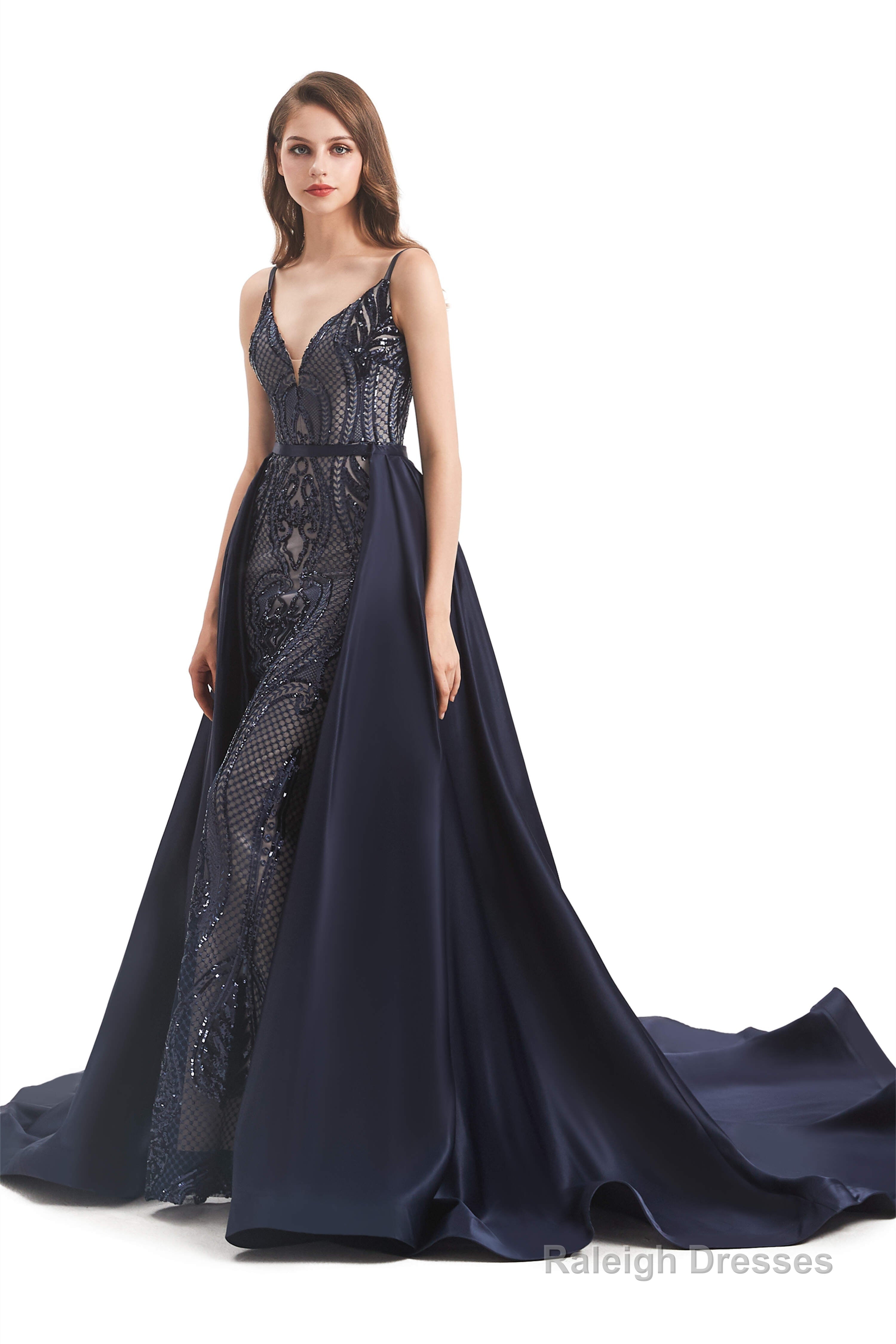 Mermaid Sequins Spaghetti Straps Prom Dresses With Detachable Train