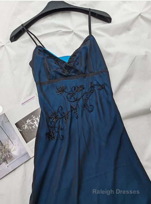 Navy Blue Mermaid Spaghetti Strap Tulle Beading Long Prom Dress V-Neck Graduation Prom Adult Ceremony Dress