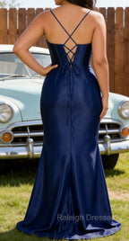 Navy Blue Mermaid Spaghetti Straps Long Prom Dress With Slit