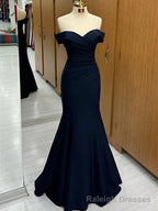 Navy Blue Mermaid Spandex Off Shoulder Party Dress, Navy Blue Prom Dress