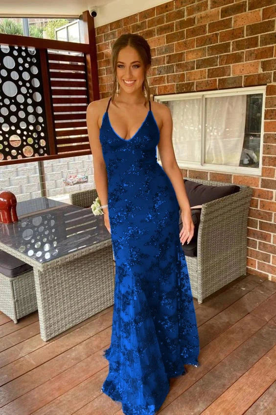 Navy Blue Mermaid Tulle And Sequins Long Prom Dresses With V Neckline And Lace Up Back