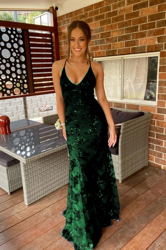 Navy Blue Mermaid Tulle And Sequins Long Prom Dresses With V Neckline And Lace Up Back