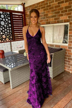 Navy Blue Mermaid Tulle And Sequins Long Prom Dresses With V Neckline And Lace Up Back