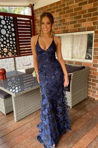 Navy Blue Mermaid Tulle And Sequins Long Prom Dresses With V Neckline And Lace Up Back