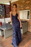 Navy Blue Mermaid Tulle And Sequins Long Prom Dresses With V Neckline And Lace Up Back