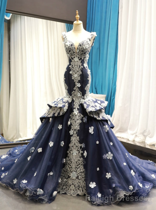 Navy Blue Mermaid Tulle Lace Appliques V-neck Backless Prom Dress Main image
