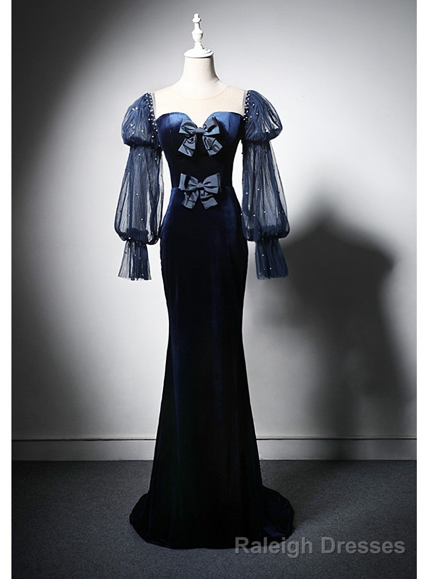 Navy Blue Mermaid Velvet Long Sleeve Prom Dress Main image