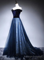 Navy Blue Off Shoulder Long Prom Dress, Long Prom Dress