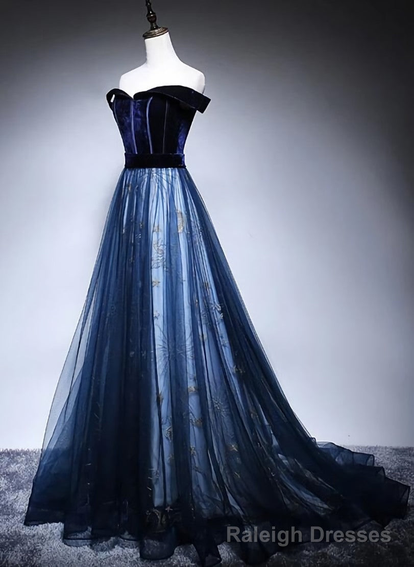 Navy Blue Off Shoulder Long Prom Dress, Long Prom Dress