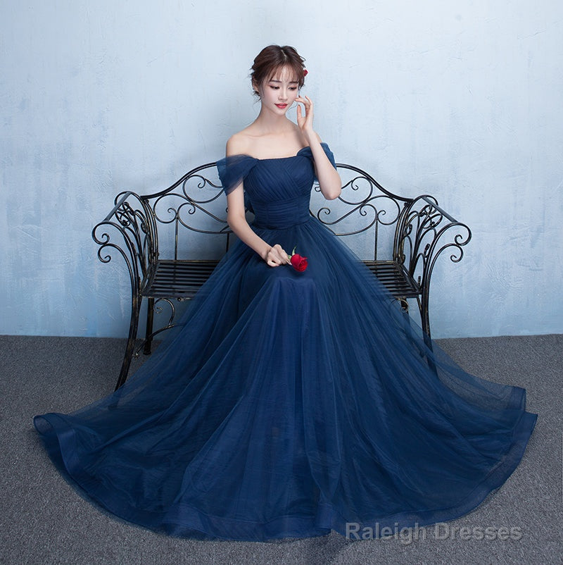 Navy Blue Off Shoulder Princess Long Party Dress, A-Line Junior Prom Dress Secondary image