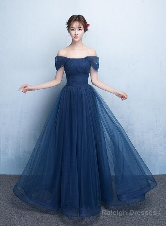 Navy Blue Off Shoulder Princess Long Party Dress, A-Line Junior Prom D ...