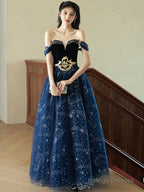 Navy Blue Off Shoulder Tulle Beaded Party Dress, Blue Long Formal Dress