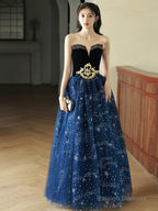 Navy Blue Off Shoulder Tulle Beaded Party Dress, Blue Long Formal Dress