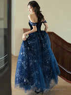Navy Blue Off Shoulder Tulle Beaded Party Dress, Blue Long Formal Dress
