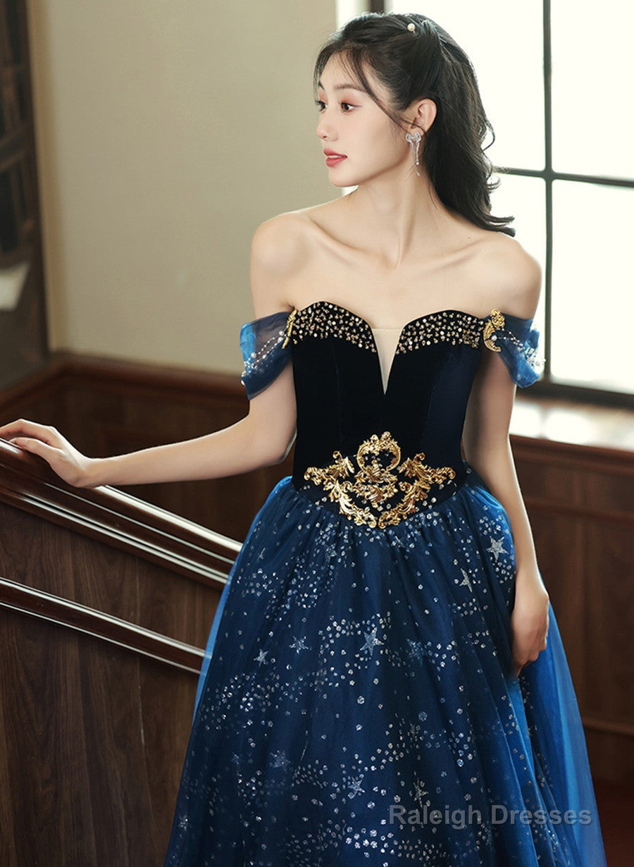 Navy Blue Off Shoulder Tulle Beaded Party Dress, Blue Long Formal Dress
