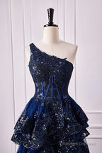 Navy Blue One Shoulder Sequin Ruffle A-Line Formal Dress