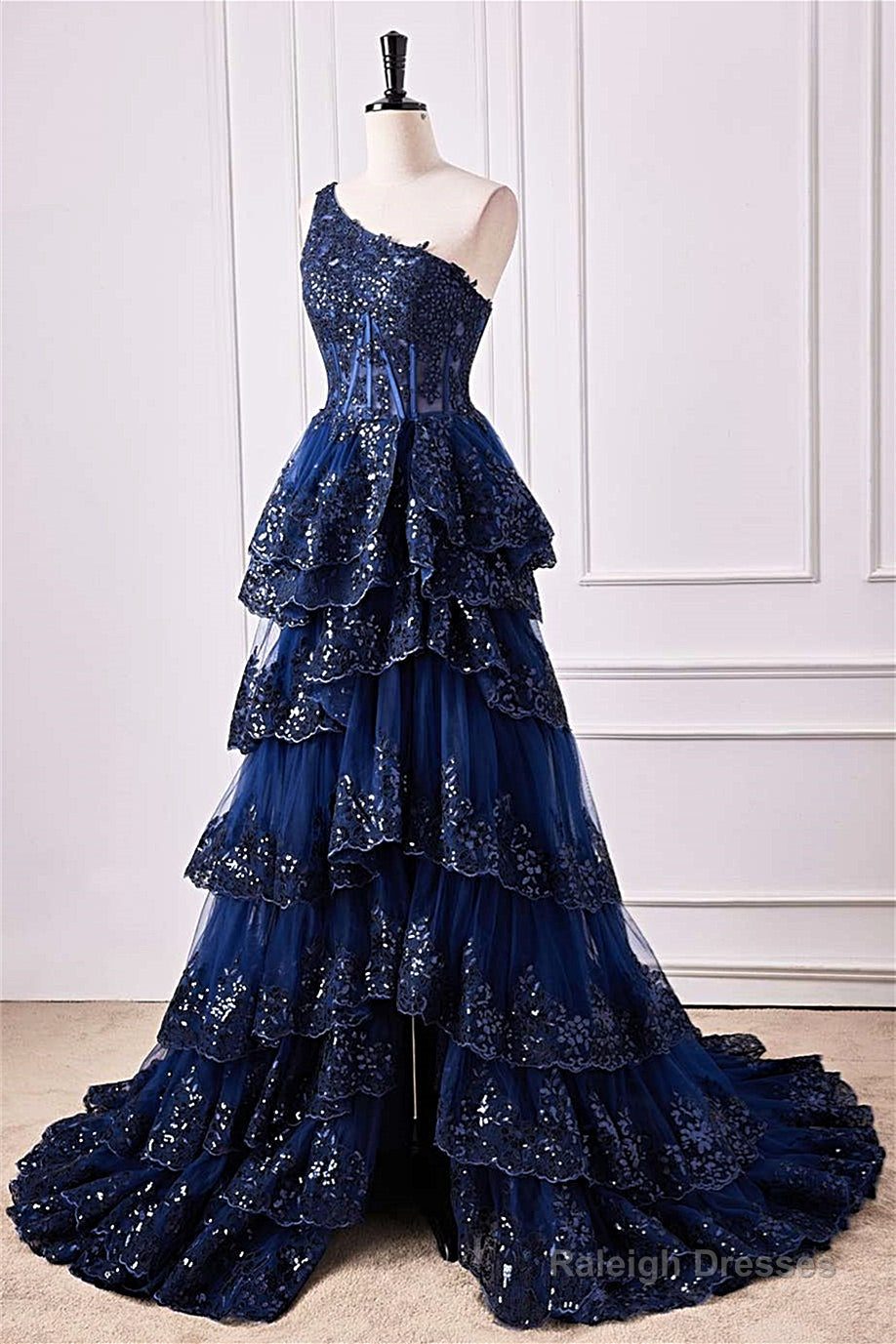 Navy Blue One Shoulder Sequin Ruffle A-Line Formal Dress