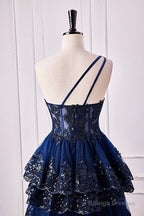 Navy Blue One Shoulder Sequin Ruffle A-Line Formal Dress