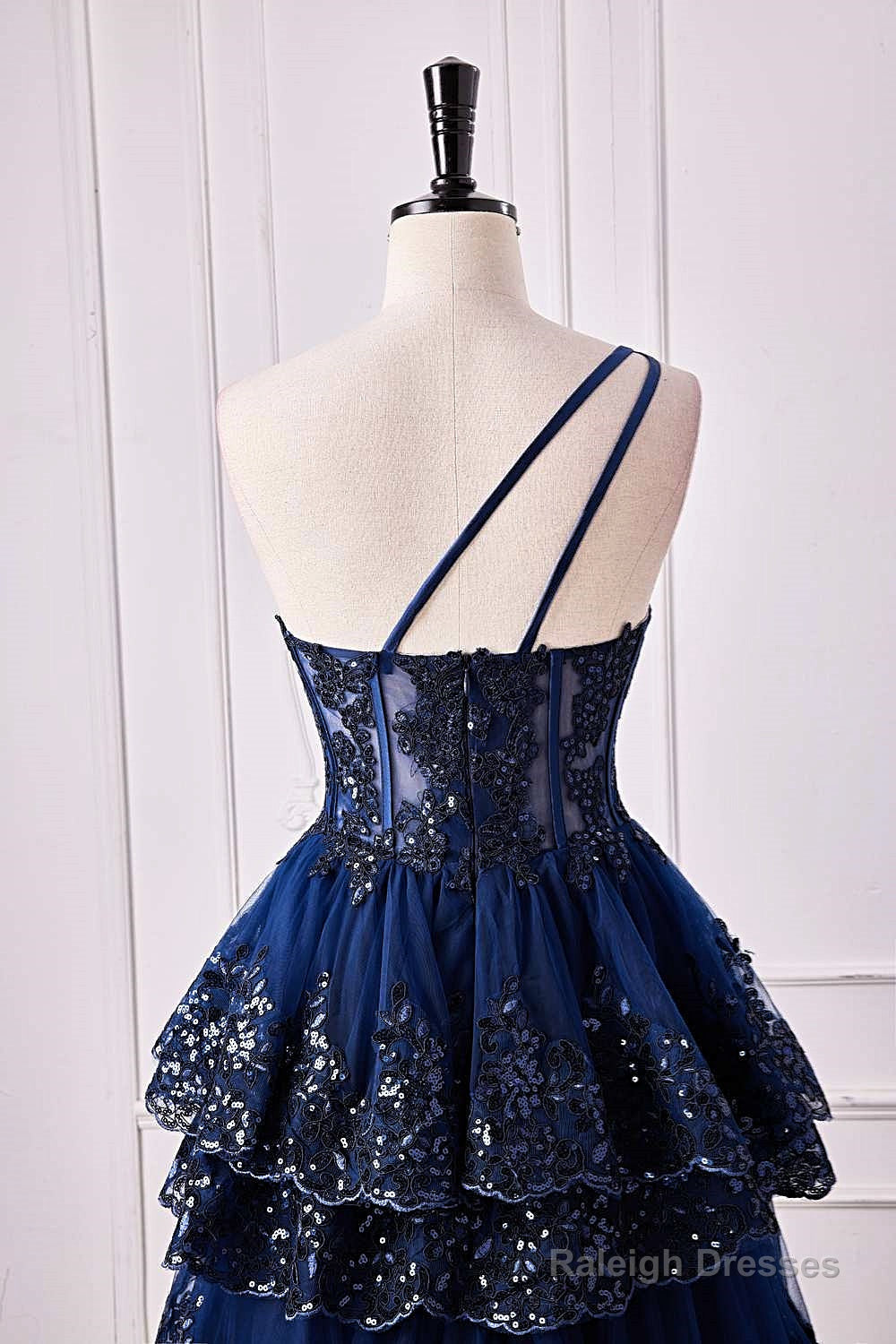 Navy Blue One Shoulder Sequin Ruffle A-Line Formal Dress