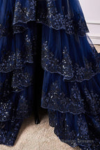 Navy Blue One Shoulder Sequin Ruffle A-Line Formal Dress