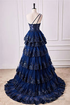Navy Blue One Shoulder Sequin Ruffle A-Line Formal Dress