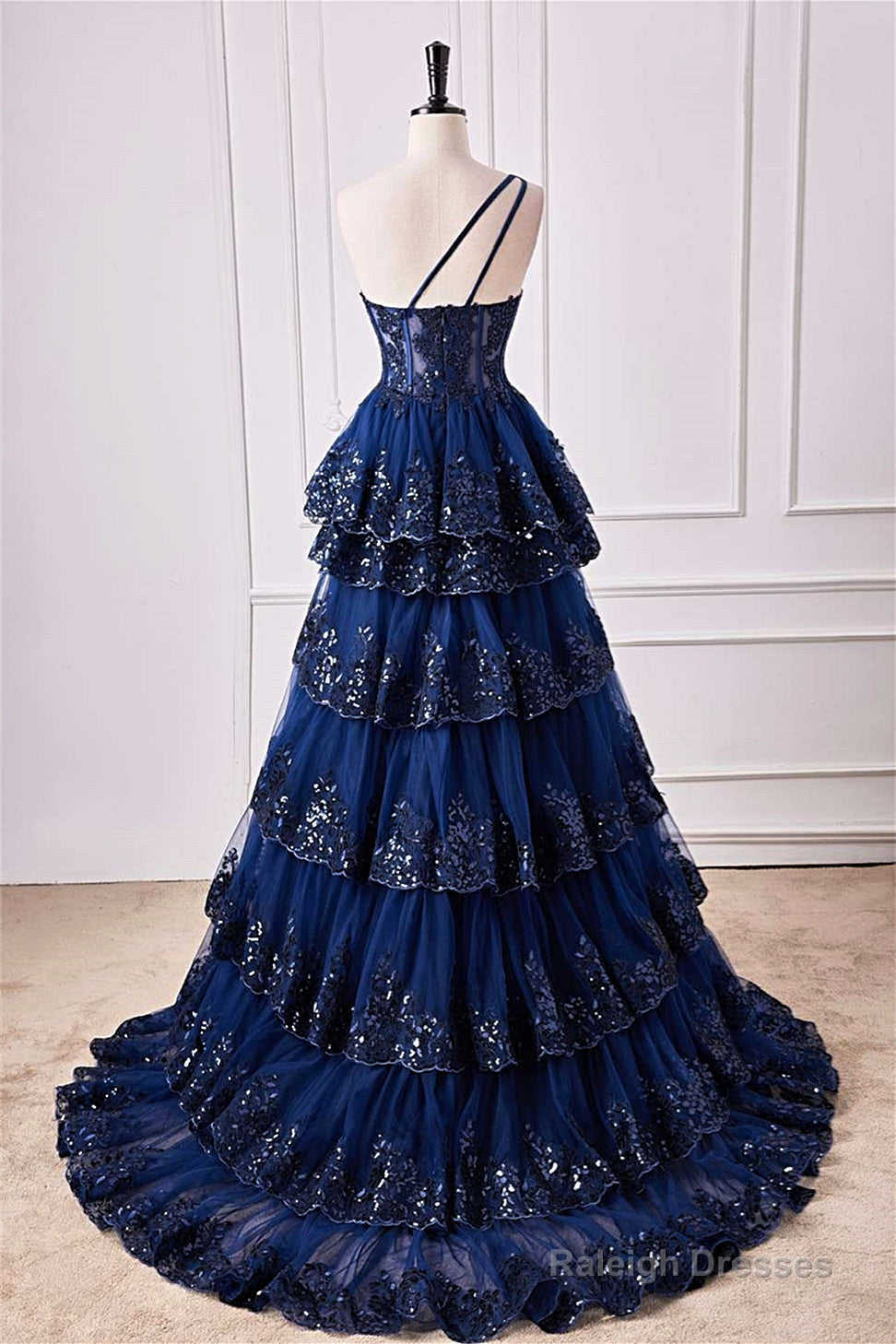 Navy Blue One Shoulder Sequin Ruffle A-Line Formal Dress