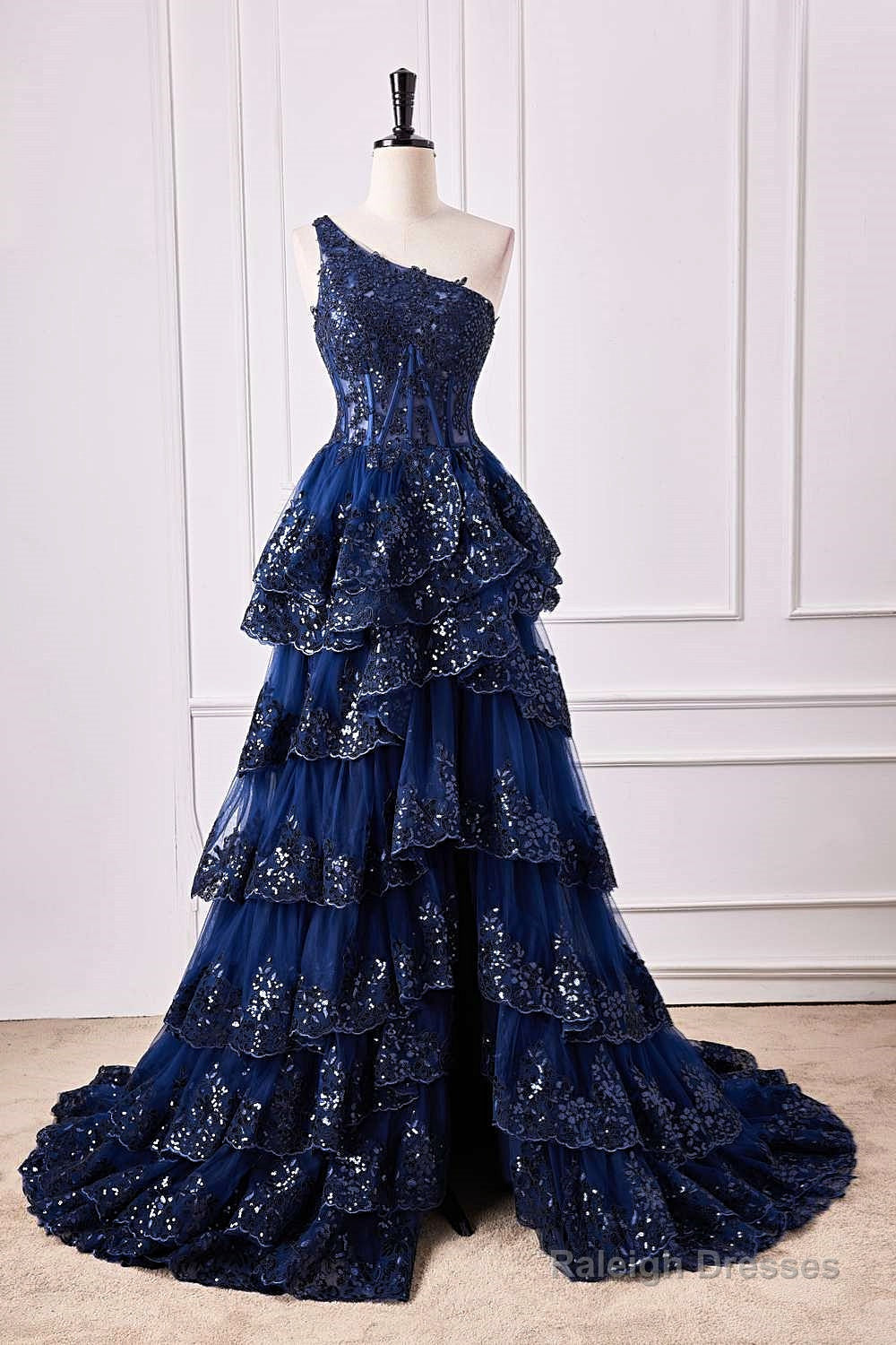 Navy Blue One Shoulder Sequin Ruffle A-Line Formal Dress Main image