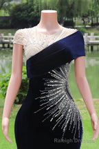 Navy Blue Prom Dresses Bodycon Velvet Long Formal Dresses with Embroidered Beadings