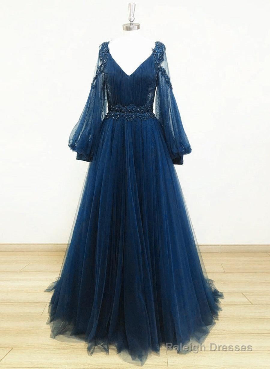 Navy Blue Puffy Sleeves Tulle With Beadings Long Party Dress, Blue Long Prom Dress Main image