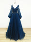 Navy Blue Puffy Sleeves Tulle With Beadings Long Party Dress, Blue Long Prom Dress