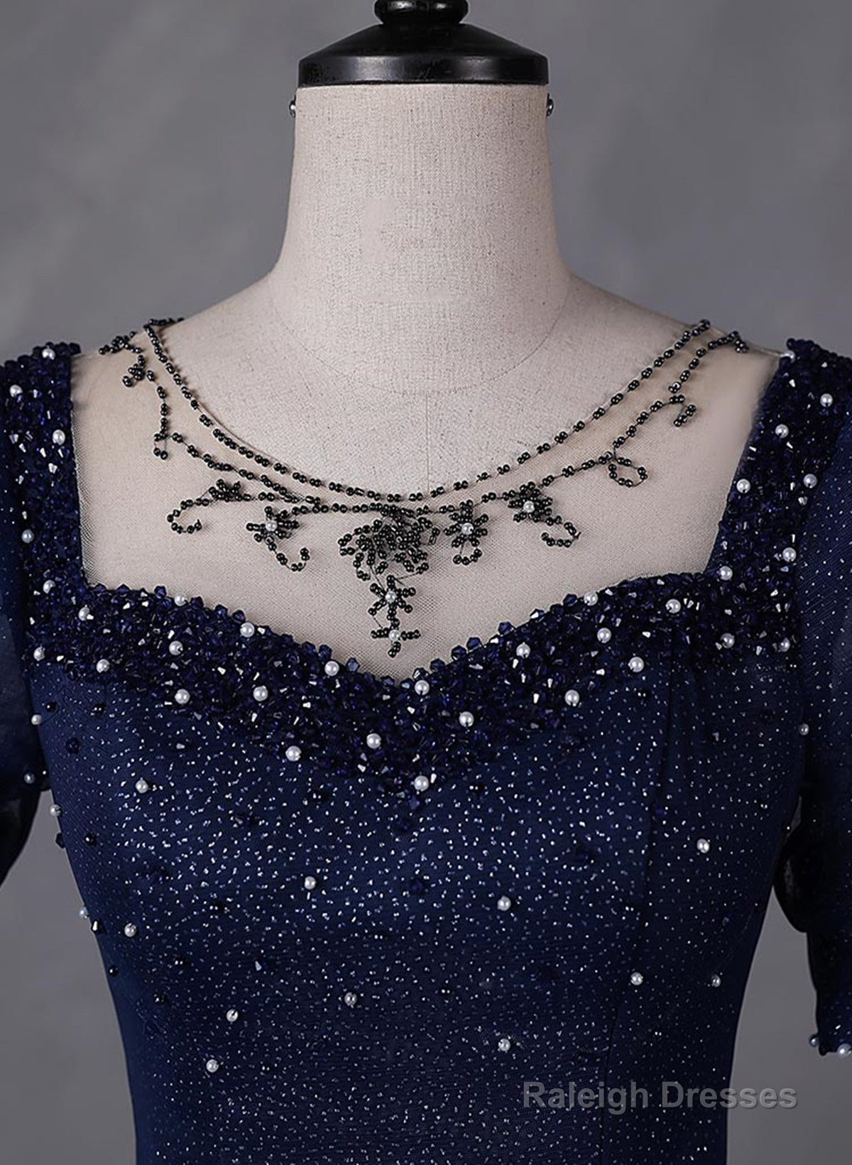 Navy Blue Round Neckline Short Sleeves Tulle Party Dress, Navy Blue Long Prom Dress Secondary image