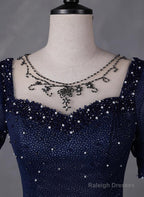 Navy Blue Round Neckline Short Sleeves Tulle Prom Dresses Navy Blue Long Prom Dresses