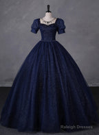 Navy Blue Round Neckline Short Sleeves Tulle Party Dress, Navy Blue Long Prom Dress