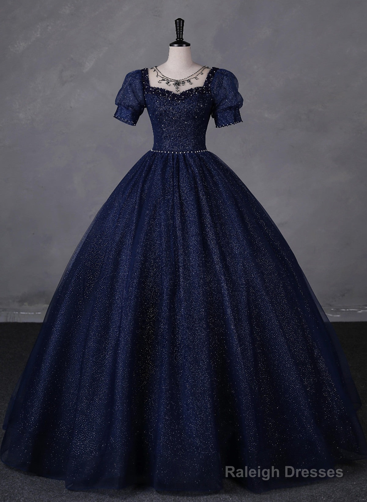 Navy Blue Round Neckline Short Sleeves Tulle Party Dress, Navy Blue Long Prom Dress