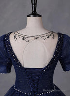Navy Blue Round Neckline Short Sleeves Tulle Prom Dresses Navy Blue Long Prom Dresses