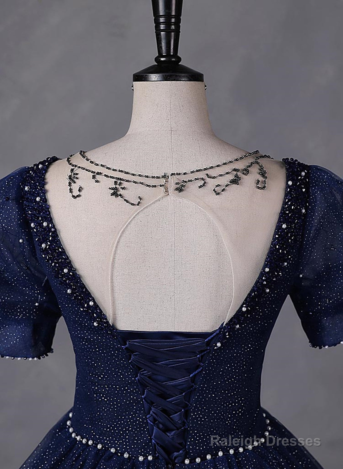 Navy Blue Round Neckline Short Sleeves Tulle Prom Dresses Navy Blue Long Prom Dresses