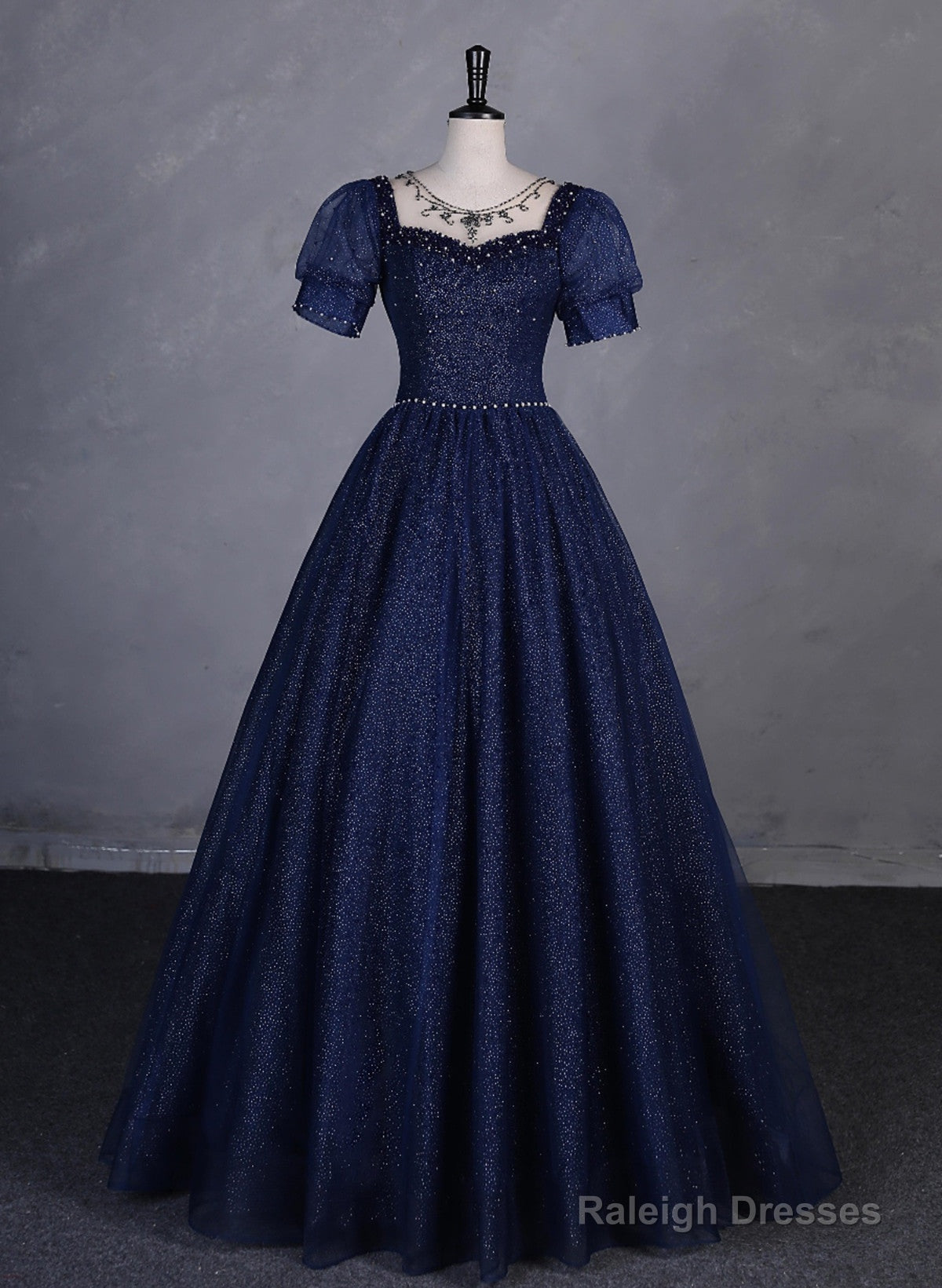 Navy Blue Round Neckline Short Sleeves Tulle Party Dress, Navy Blue Long Prom Dress Main image