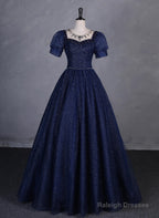 Navy Blue Round Neckline Short Sleeves Tulle Party Dress, Navy Blue Long Prom Dress