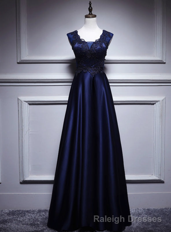 Navy Blue Satin Appliques Beading V-neck Prom Dress Main image