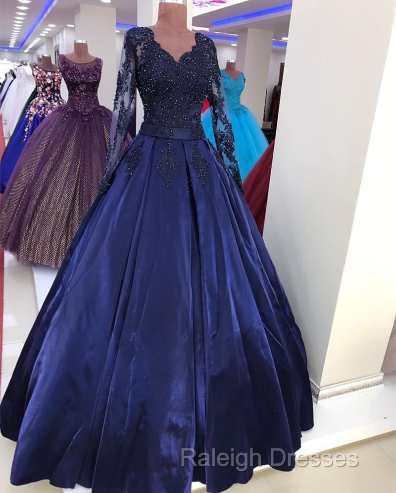 Navy Blue Satin Ball Gown Prom Dress Lace Long Sleeves