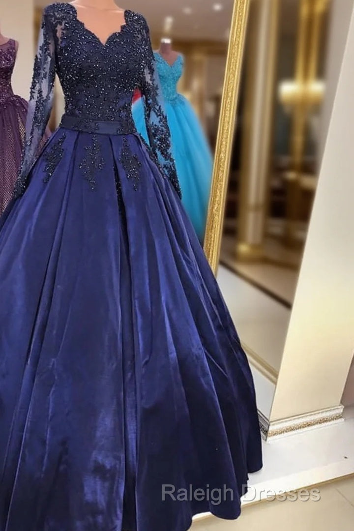 Navy Blue Satin Ball Gown Prom Dress Lace Long Sleeves