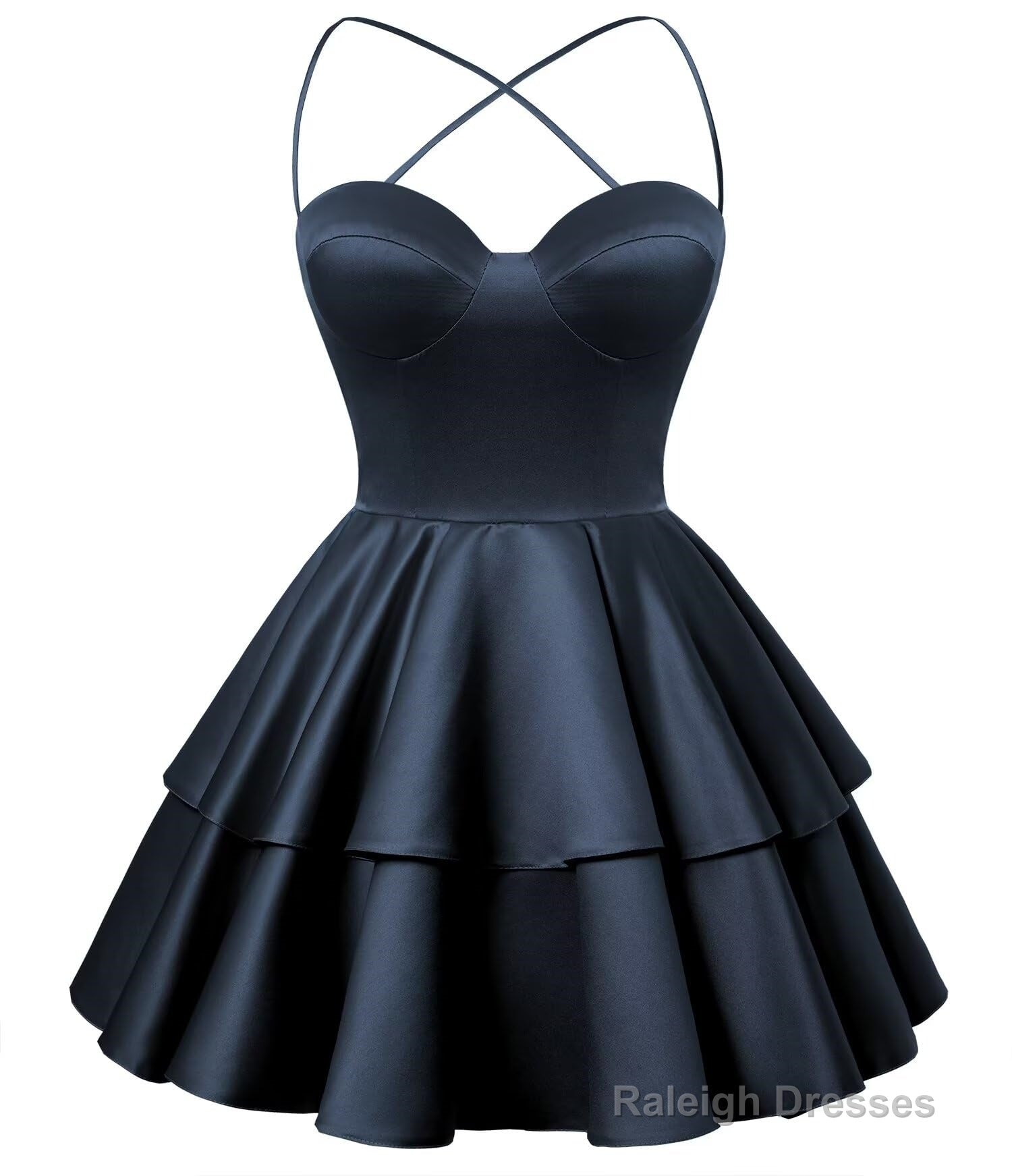 Navy Blue Satin Homecoming Dress Sweetheart Neck Tiered Short Graduation Dresses