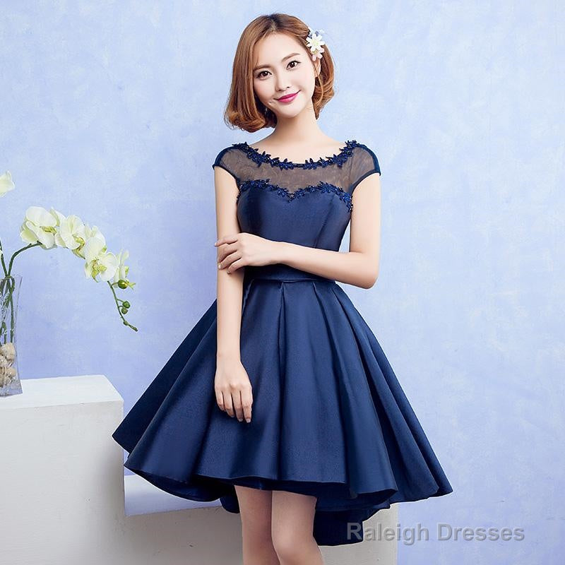 Navy Blue Satin Homecoming Dress With Lace Appliques, Blue Dark Navy Short Party Dress Prom Dress Secondary image