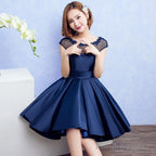 Navy Blue Satin Homecoming Dresses With Lace Appliques Blue Dark Navy Short Prom Dresseses