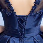 Navy Blue Satin Homecoming Dress With Lace Appliques, Blue Dark Navy Short Party Dress Prom Dress