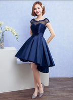 Navy Blue Satin Homecoming Dress With Lace Appliques, Blue Dark Navy Short Party Dress Prom Dress