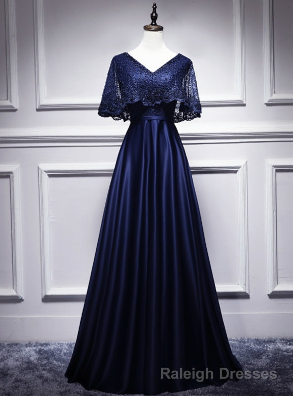 Navy Blue Satin Lace V-neck Bat Pearls Prom Dress